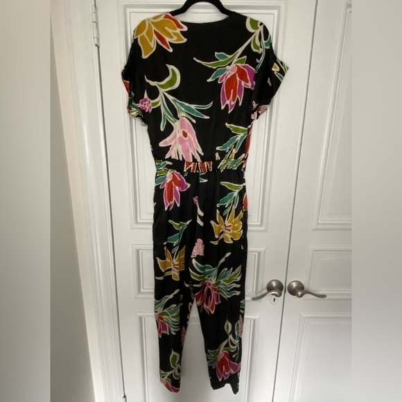 Zara Satin Black Floral Pink Colorful Formal Short Sleeve Zipup Jumpsuit Office - Picture 10 of 16
